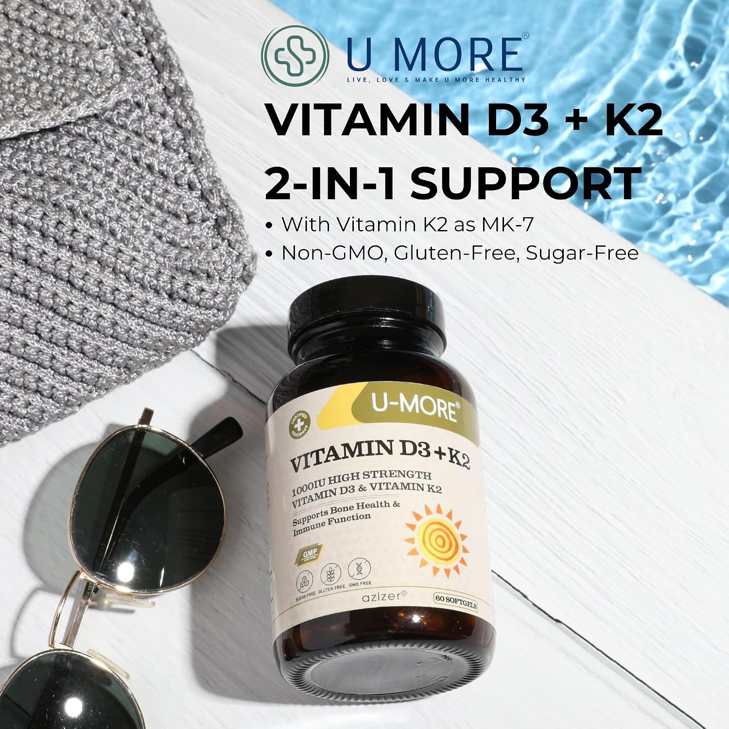 U-MORE - 1000 IU Vitamina D3 & K2 (Menaquinona 7) - Sin Azúcar - 60 Cápsulas Blandas