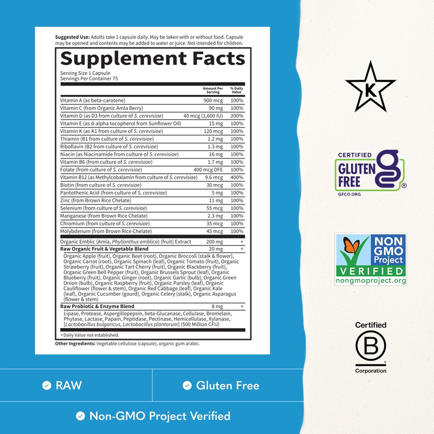 Garden of Life Vitamin Code RAW ONE Multivitamínico Diario para Hombres con Alimentos Integrales y Probióticos, 75 Cápsulas