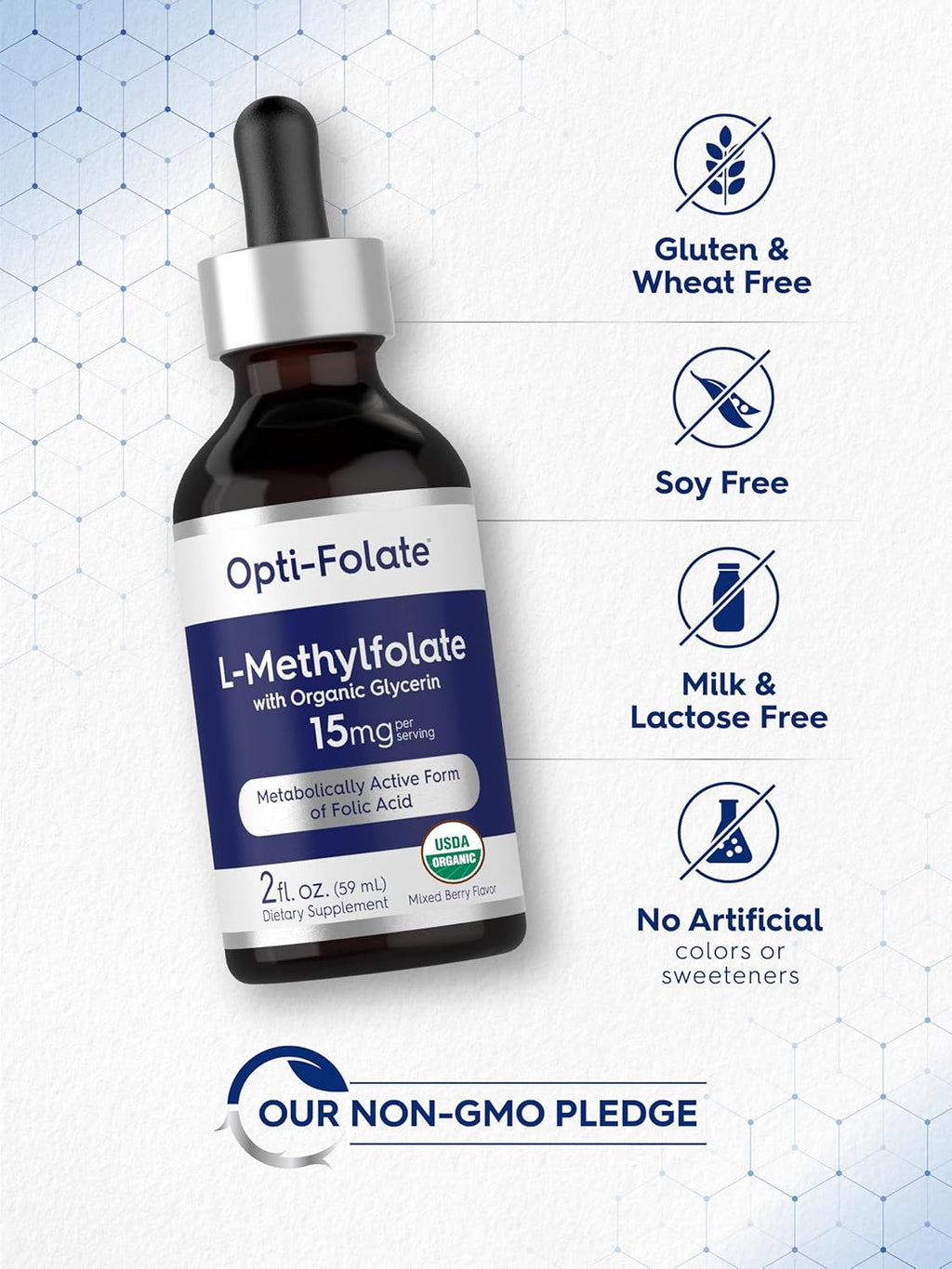 Carlyle L-Metilfolato Gotas 15mg - 2 fl oz (59 ml) con Glicerina Orgánica, Sabor a Bayas Mixtas - Sin Gluten, Vegano
