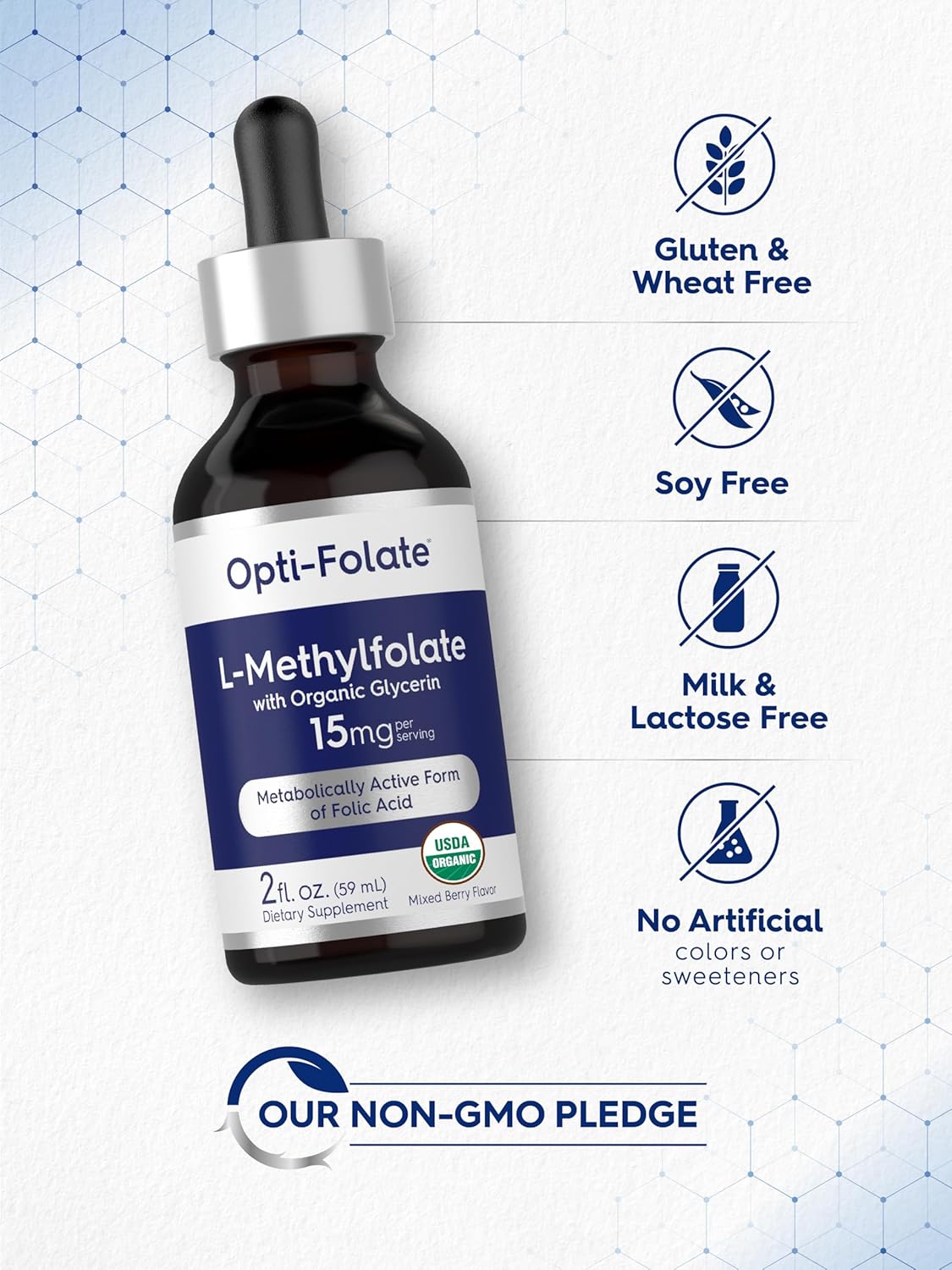 Carlyle L-Metilfolato Gotas 15mg - 2 fl oz (59 ml) con Glicerina Orgánica, Sabor a Bayas Mixtas - Sin Gluten, Vegano