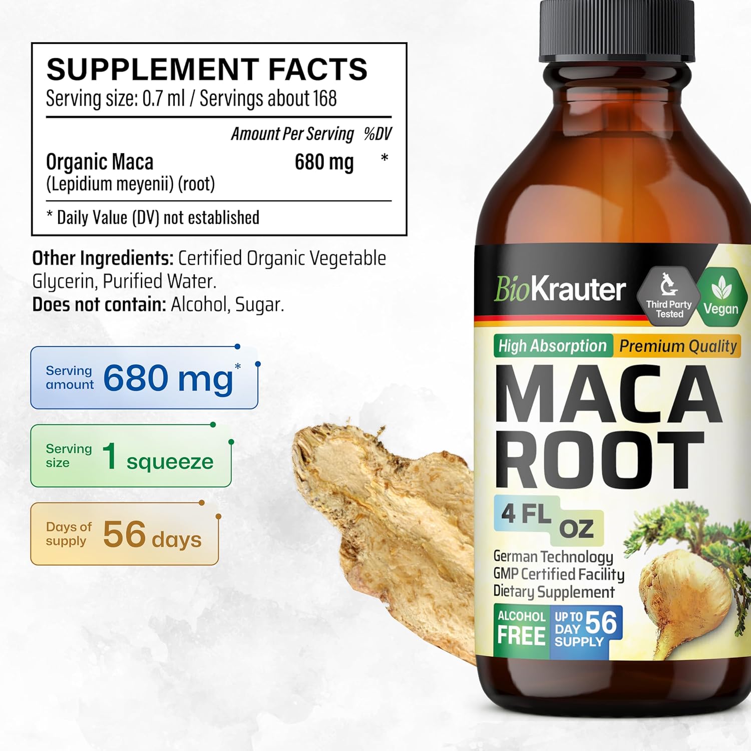 BIO KRAUTER® Maca Root for Women and Men - Vegan Maca Root Liquid Drops 680 mg for Drive & Active Lifestyle Support - 4 Fl.Oz., 56-Day Supply, Non-GMO, Alcohol & Sugar Free Herbal Supplements