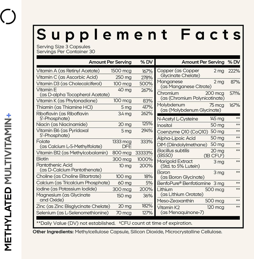 Codeage Multivitamínico Metilado - Complejo B, Vitaminas A, C, D, E, K2, B12 Metilcobalamina, L-Metilfolato, Magnesio, CoQ10, DIM, Probióticos - 90 Cápsulas
