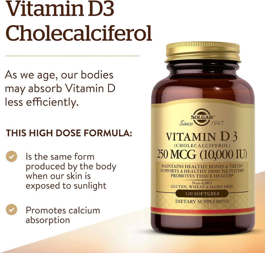 Solgar Vitamina D3 (Colecalciferol) 10.000 UI, 120 Cápsulas Blandas
