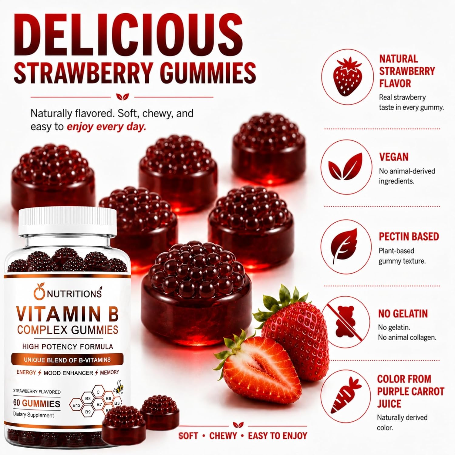 O Nutritions Complejo B Gominolas Veganas con Vitamina B12, Biotina, Folato, Vitamina C – Energía, Estado de Ánimo, Memoria y Enfoque – Apoyo para Cabello, Piel y Uñas – Fresa, 60 Gominolas