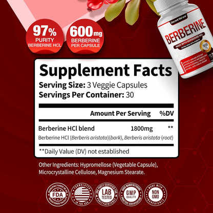 Berberine Supplement 1800mg - Premium Berberine HCl 97% High Purity, Supports Immune System, High Potency Hydrochloride & – Image 2