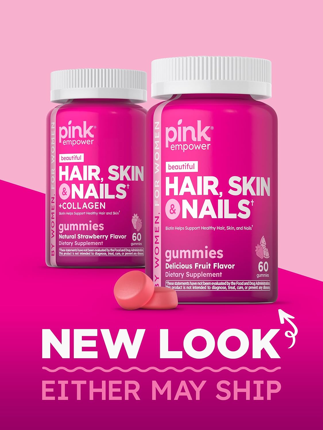 PINK Hair Skin Nails Gummies con 2.500 mcg de Biotina, 60 Gominolas