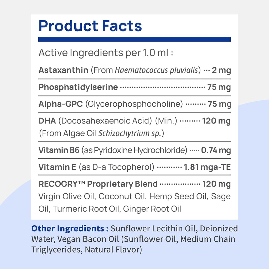 Recogry Líquido Apoyo Cognitivo para Perros y Gatos con Astaxantina, Fosfatidilserina, Alfa-GPC y DHA (90 ml)