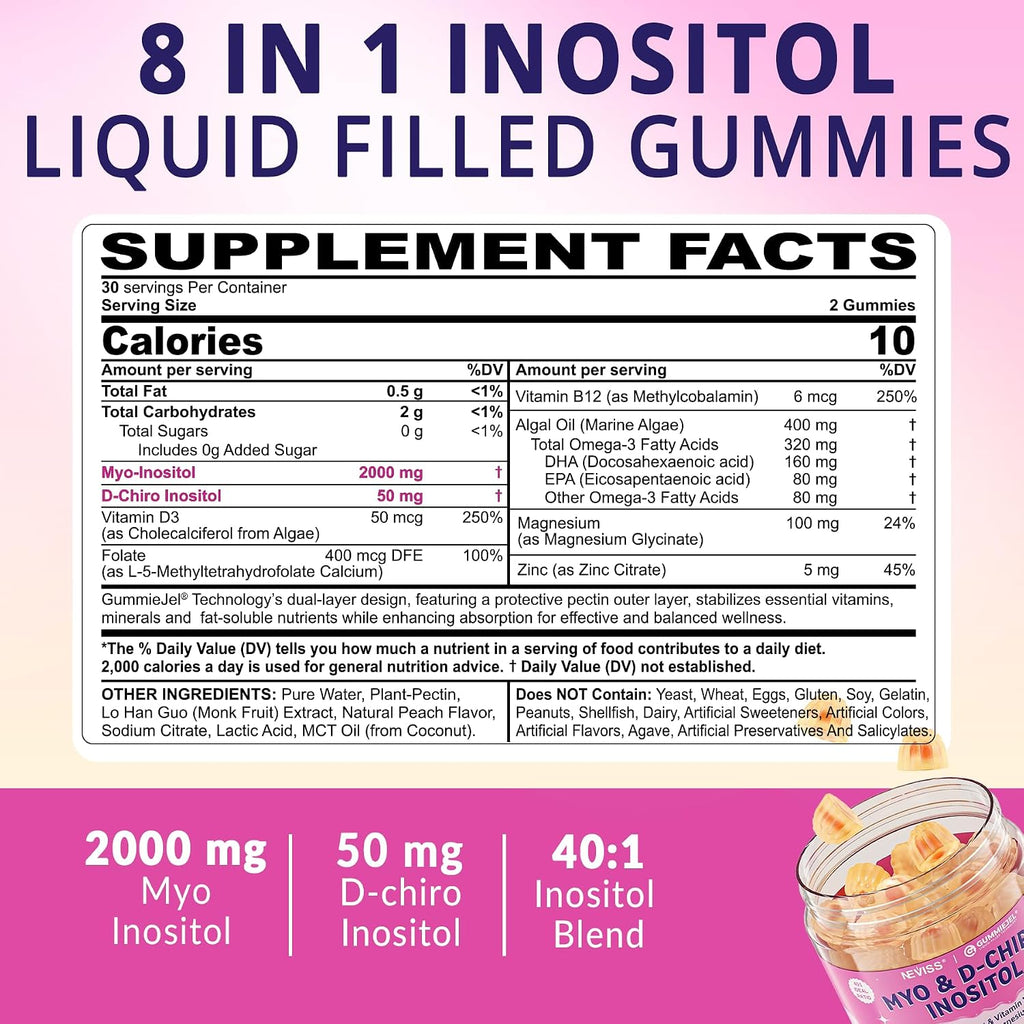 Gominolas de Myo-Inositol y D-Chiro Inositol con Omega-3, Folato, Vitamina D3, B12, Magnesio y Zinc - 60 Gominolas