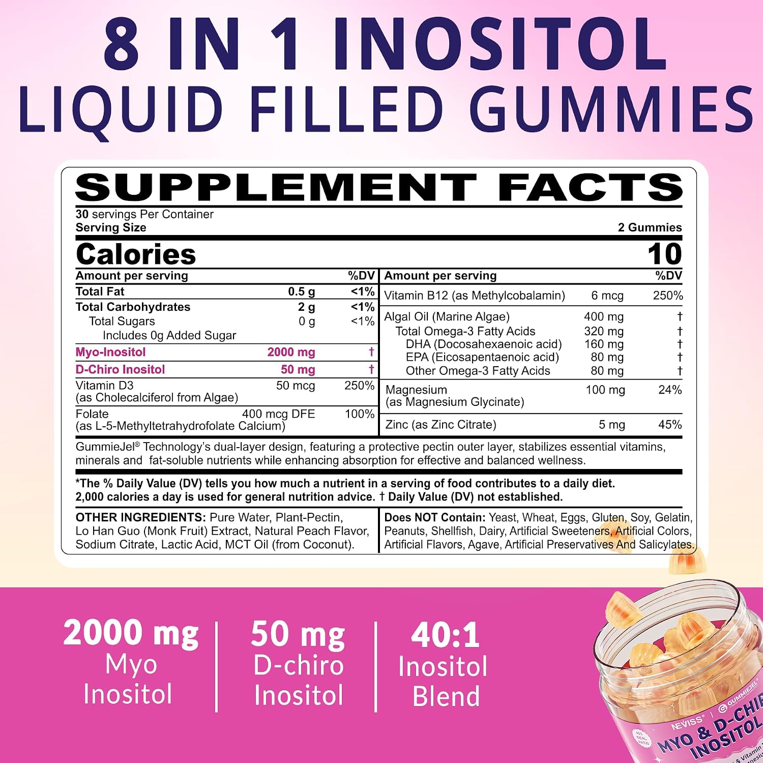 Gominolas de Myo-Inositol y D-Chiro Inositol con Omega-3, Folato, Vitamina D3, B12, Magnesio y Zinc - 60 Gominolas