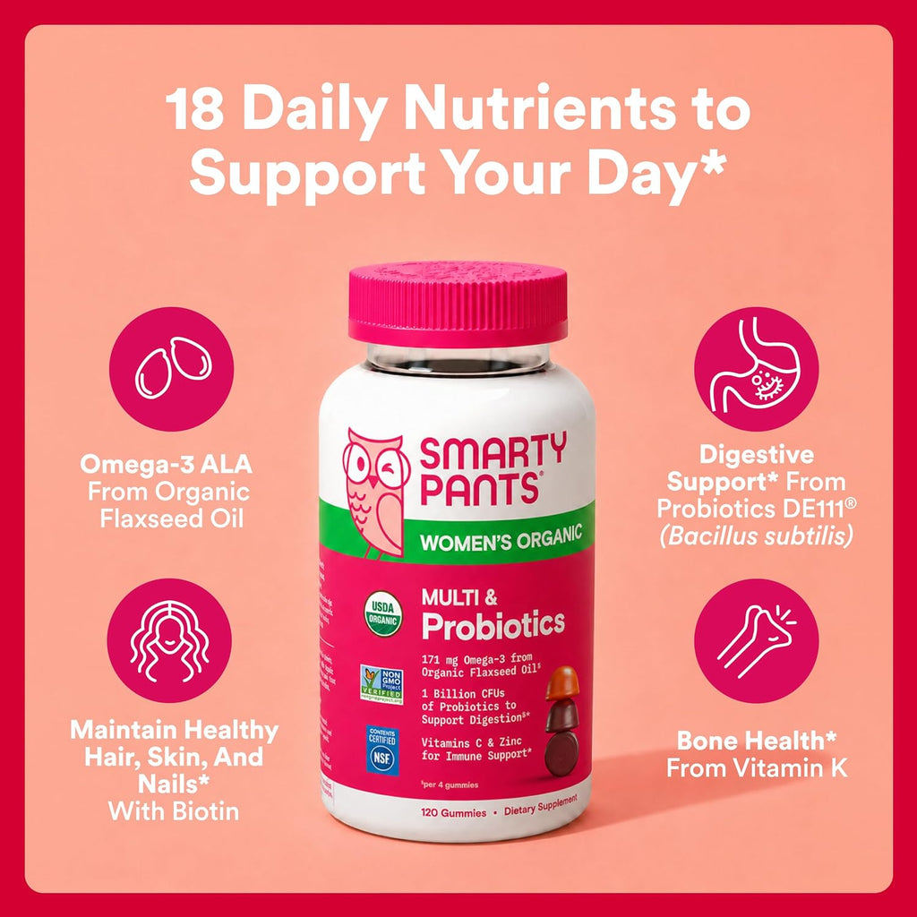 SmartyPants Gominolas Multivitamínicas Orgánicas para Mujeres con Biotina, Probióticos, Metilfolato, Omega 3 (ALA), Vitamina D3, C, B12, B6, A, K, Zinc e Inositol - 120 Gominolas (30 Días)