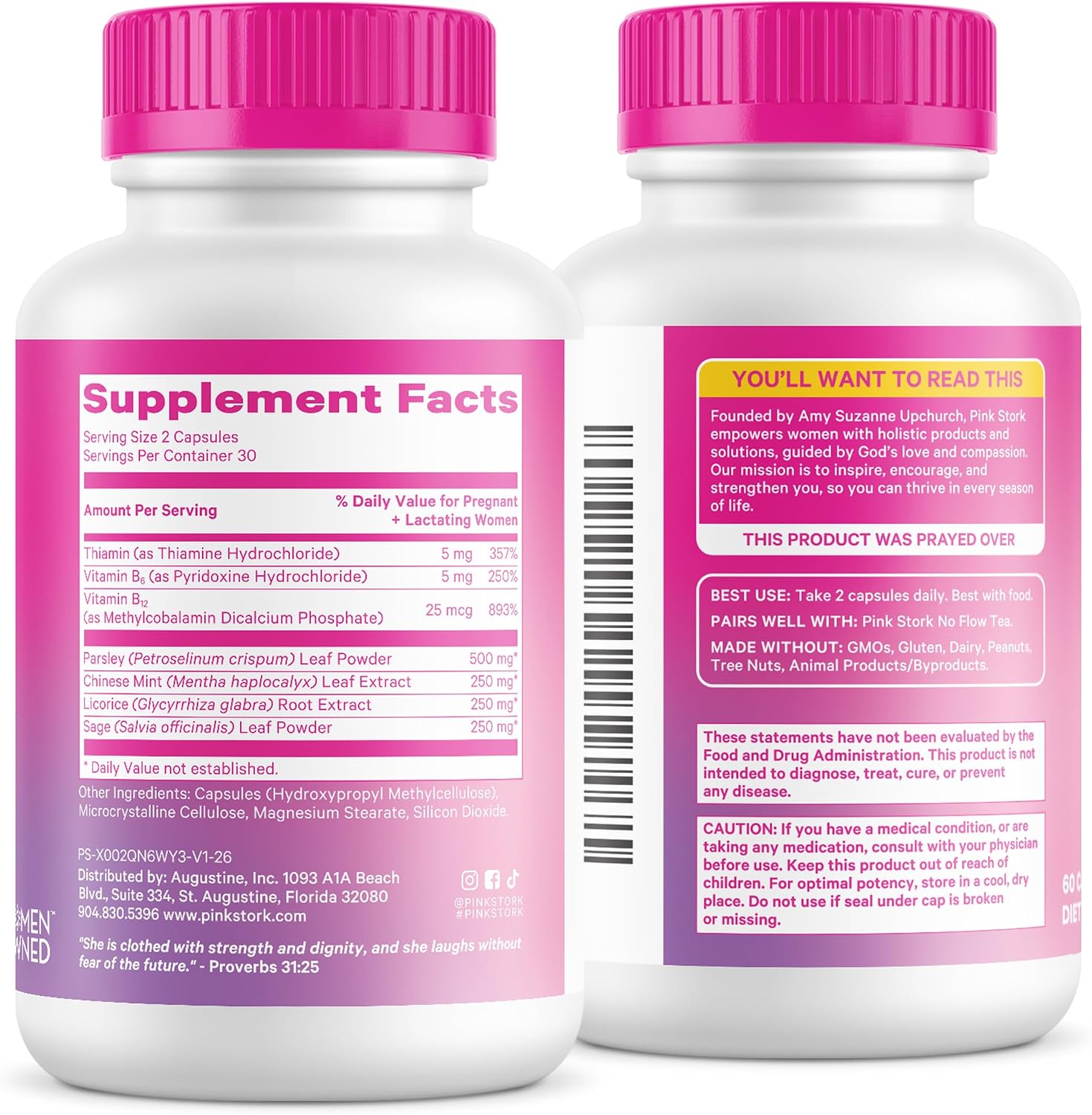 Pink Stork No Flow - Suplemento para reducir la producción de leche materna, 60 cápsulas