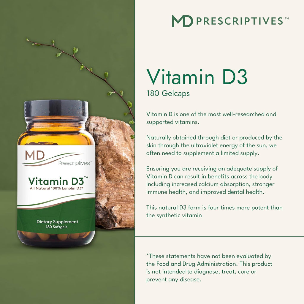 MD Prescriptives Vitamina D3 180 Cápsulas Blandas - 125 mcg (5000 UI) - Máxima Absorción para Huesos, Músculos e Inmunidad - No GMO, Vegetariano