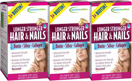 Applied Nutrition Longer Stronger Hair & Nails - Biotina, Sílice y Colágeno - 180 Cápsulas Blandas (Pack de 3)
