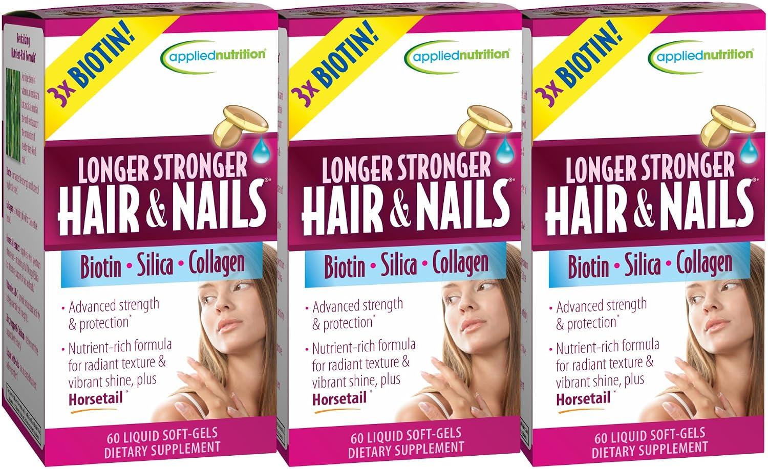 Applied Nutrition Cabello y Uñas Fuertes – 60 Cápsulas Blandas Líquidas (Pack de 6) – Biotina, Silicio y Colágeno