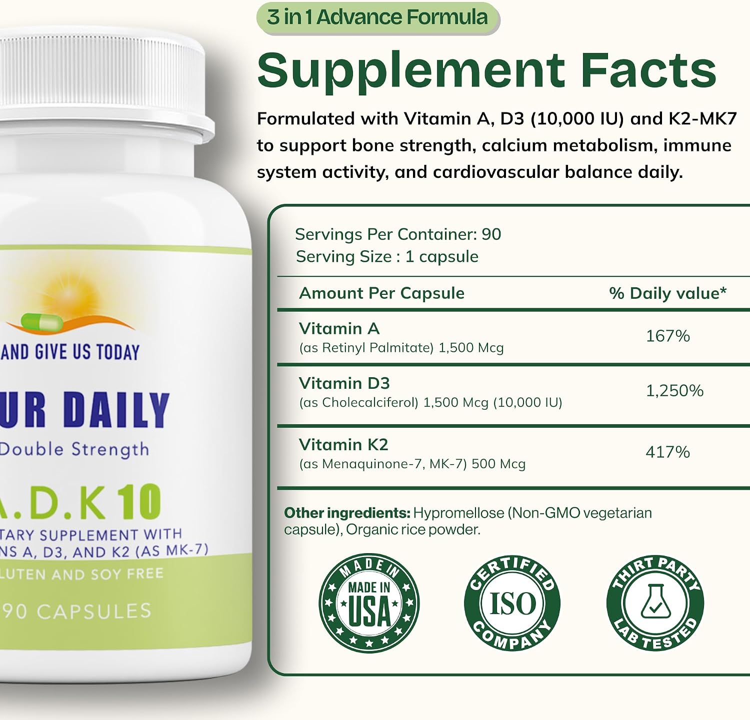 Daily Vites ADK 10 - Suplemento de Vitaminas A, D3 y K2 (MK-7), 90 Cápsulas