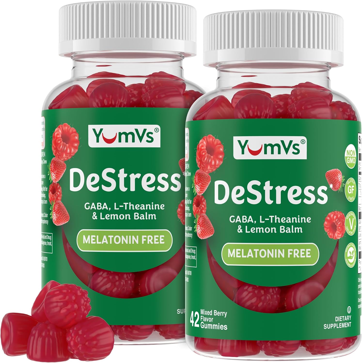 YumV's De-Stress Gummies con GABA, L-Theanina y Melisa - Gomitas Calmantes Sabor Frutos del Bosque - 42 unidades (Paquete de 2)