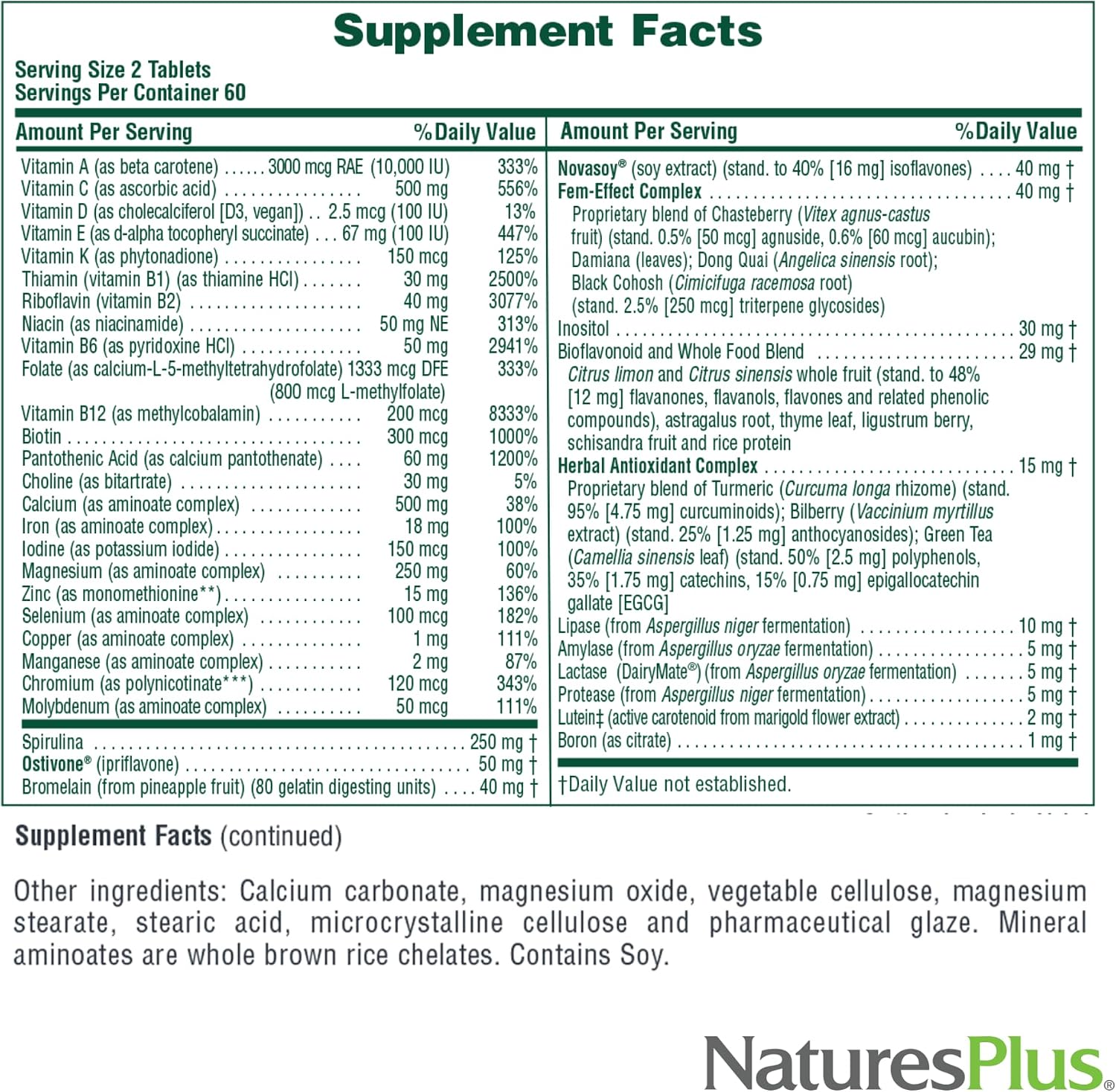 NaturesPlus Source of Life Women, 120 comprimidos - Multivitamínico y Mineral para Mujeres con Hierro, Calcio, Folato y Luteína