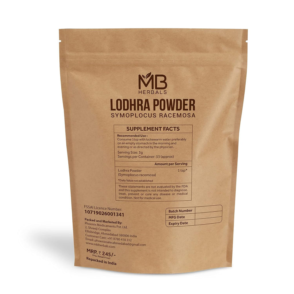 MB Herbals Lodhra Powder 100 g | Polvo de Symplocus racemosa | Complemento para el Cuidado de la Piel