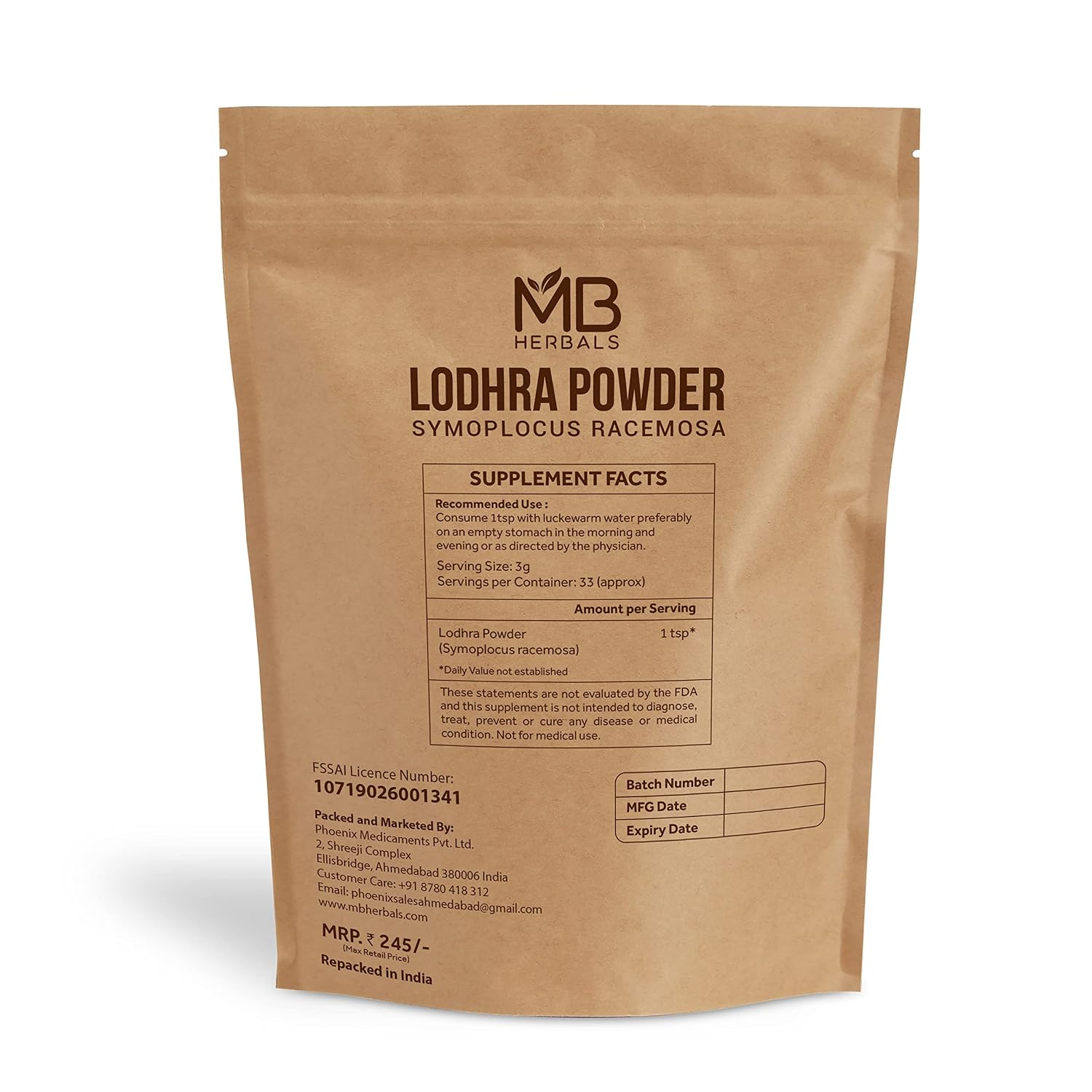 MB Herbals Lodhra Powder 100 g | Polvo de Symplocus racemosa | Complemento para el Cuidado de la Piel