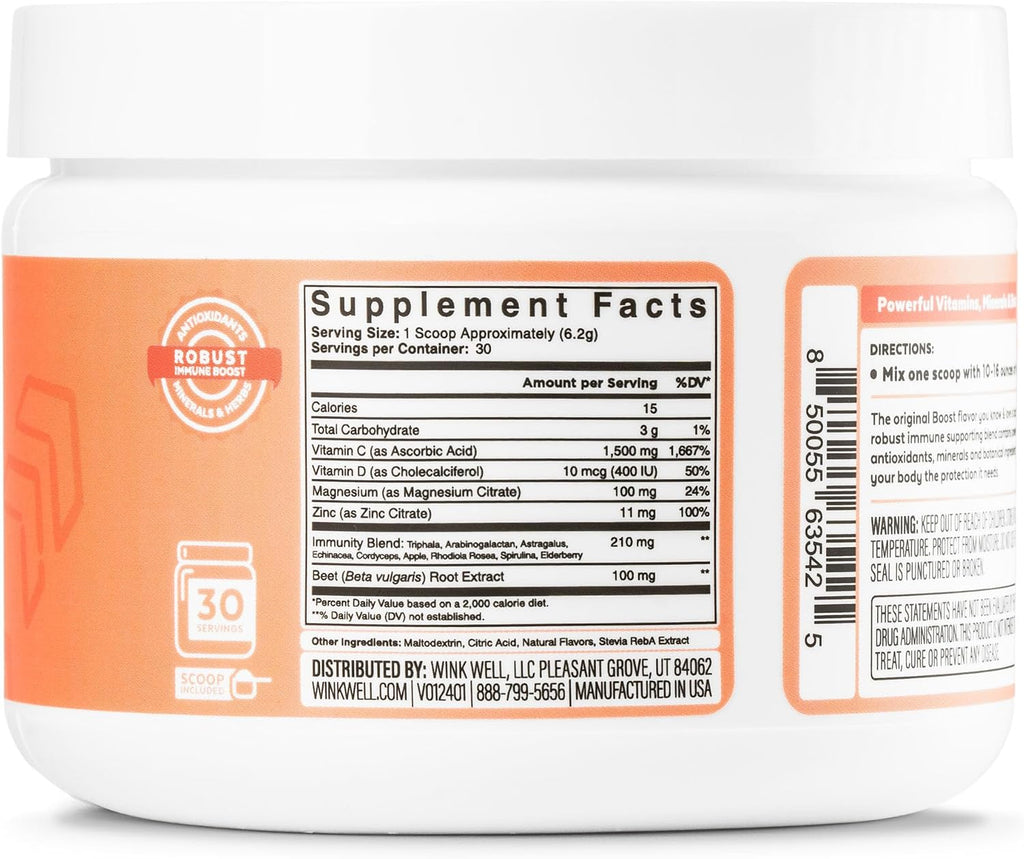 Wink Well Boost Vitamina C en Polvo con D3, Magnesio y Zinc - 30 Sobres