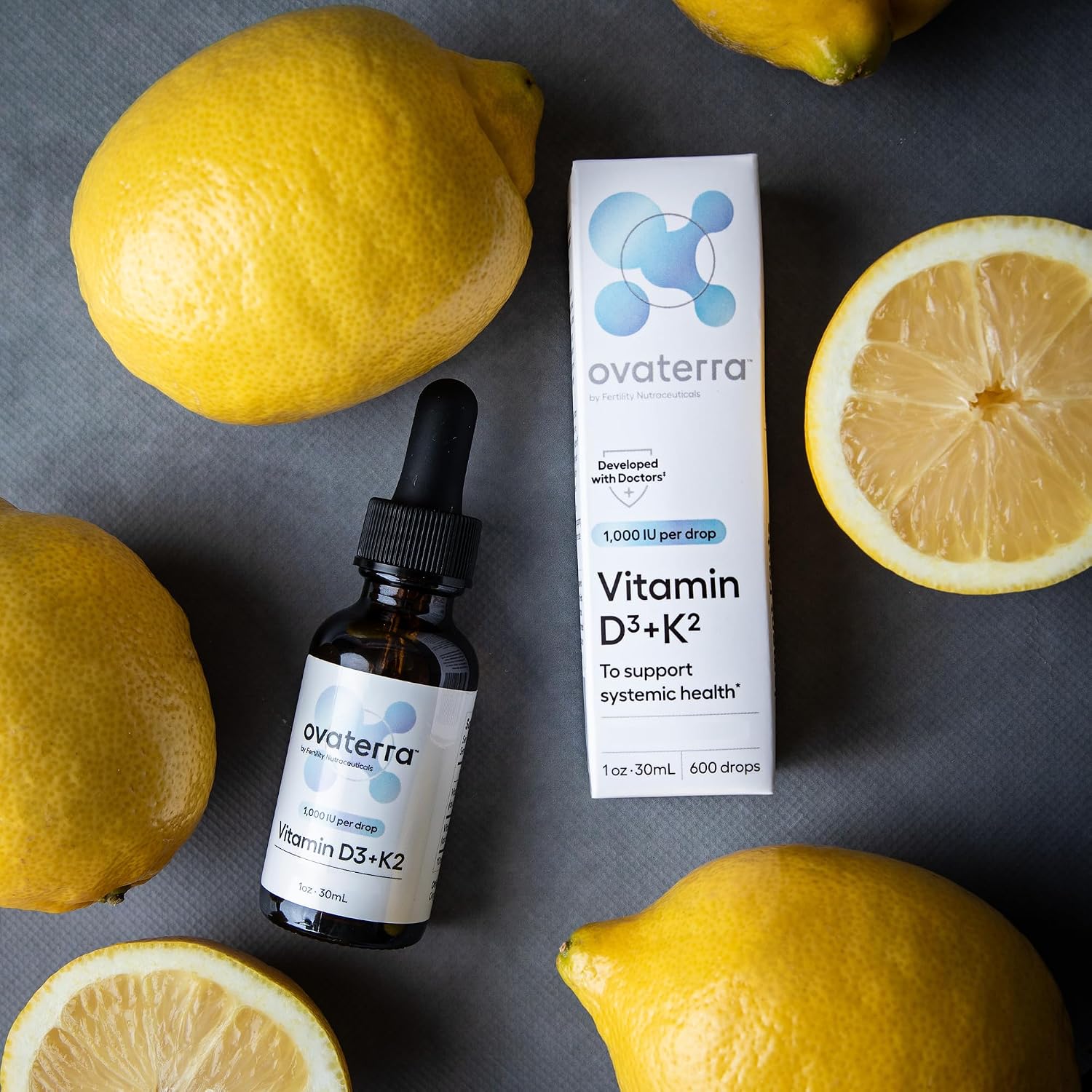 Ovaterra Vitamin D3 & K2 Liquid Drops - 1.000 UI D3 + 25 mcg K2 MK-7, Sabor Limón Natural, 600 Gotas - 10 Meses de Suministro