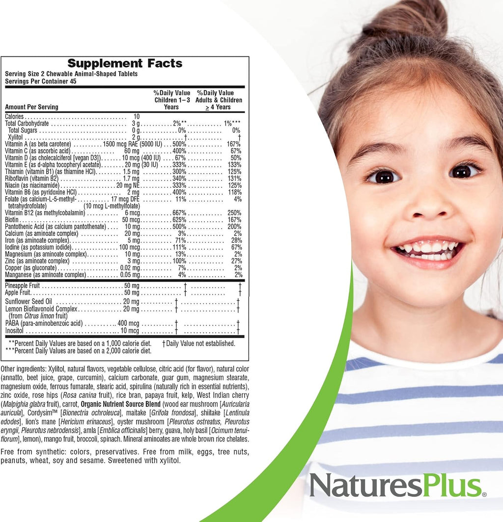 NaturesPlus Animal Parade Multivitamínico Infantil Sin Azúcar - 90 Comprimidos Masticables