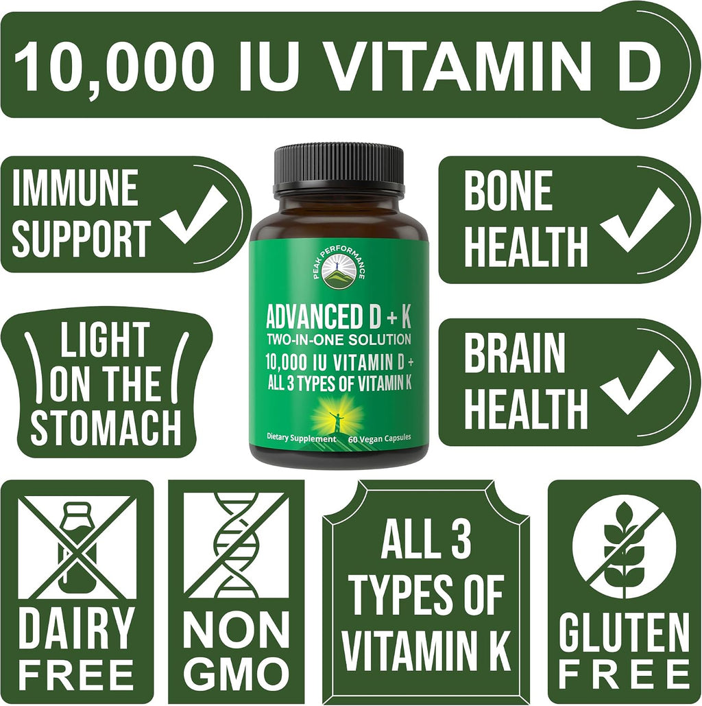 Peak Performance Advanced Vitamin D 10000 IU con los 3 Tipos de Vitamina K - D3 y K2 (MK-7, MK4), K1 - 60 Cápsulas