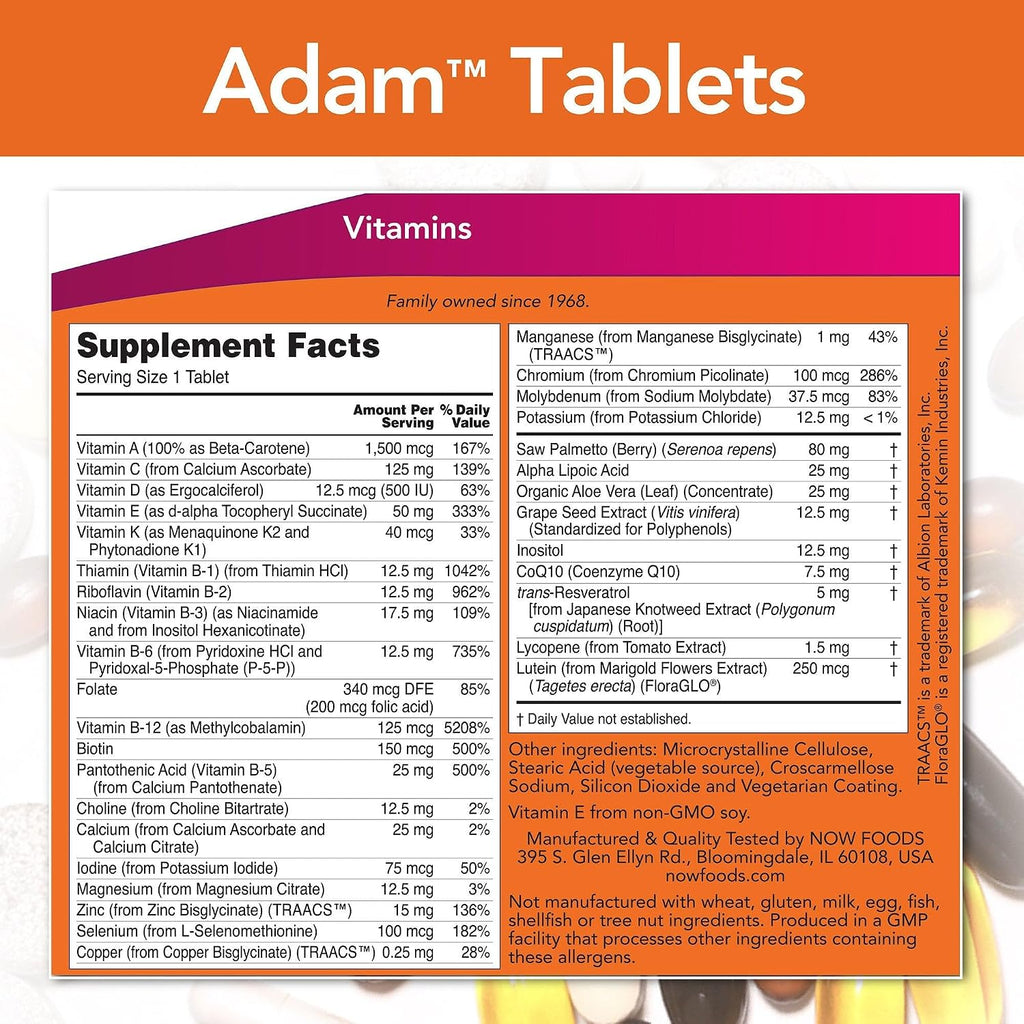 NOW Foods ADAM Suplemento multivitamínico superior para hombres, 180 cápsulas blandas