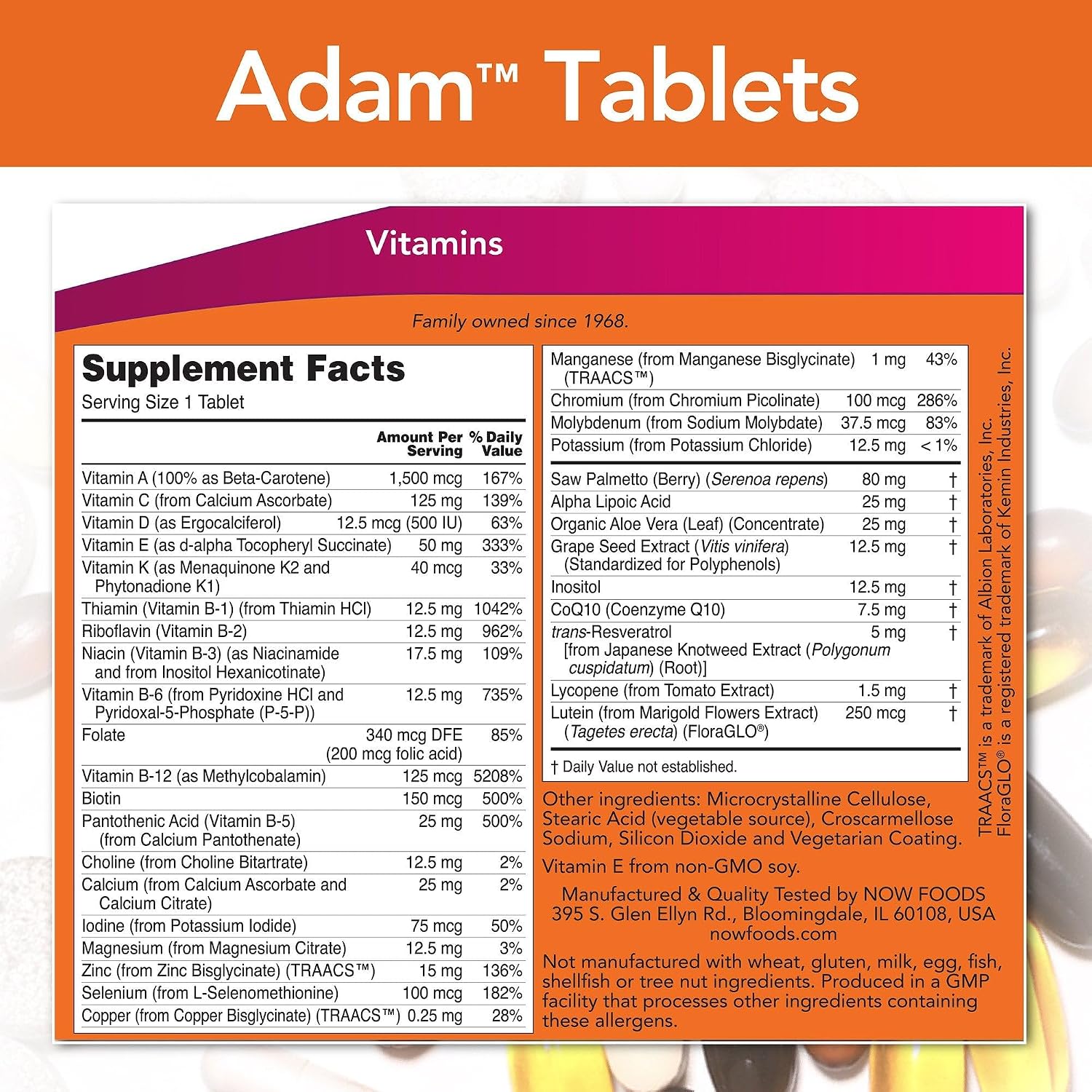 NOW Foods ADAM Suplemento multivitamínico superior para hombres, 180 cápsulas blandas