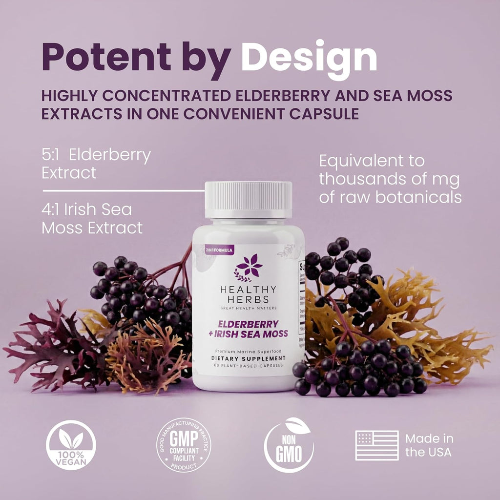 Healthy Herbs Wildcrafted Elderberry Sea Moss Capsules | 2600mg Irish Sea Moss + Elderberry | Vegano, No-GMO (60 Cápsulas)