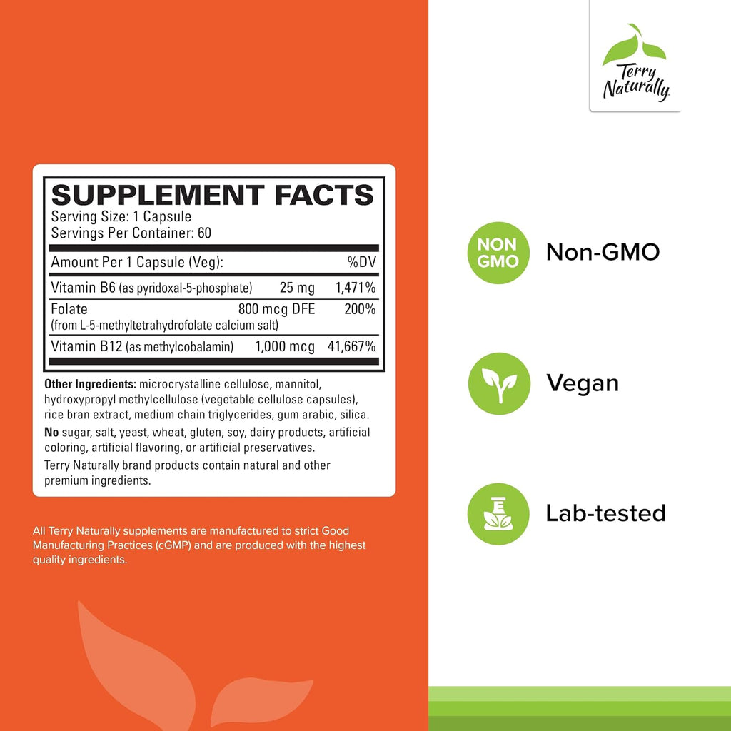 Terry Naturally BioActive Vitamin B - 60 Capsules - Bioactive Forms of Vitamin B12, Folate and B6
