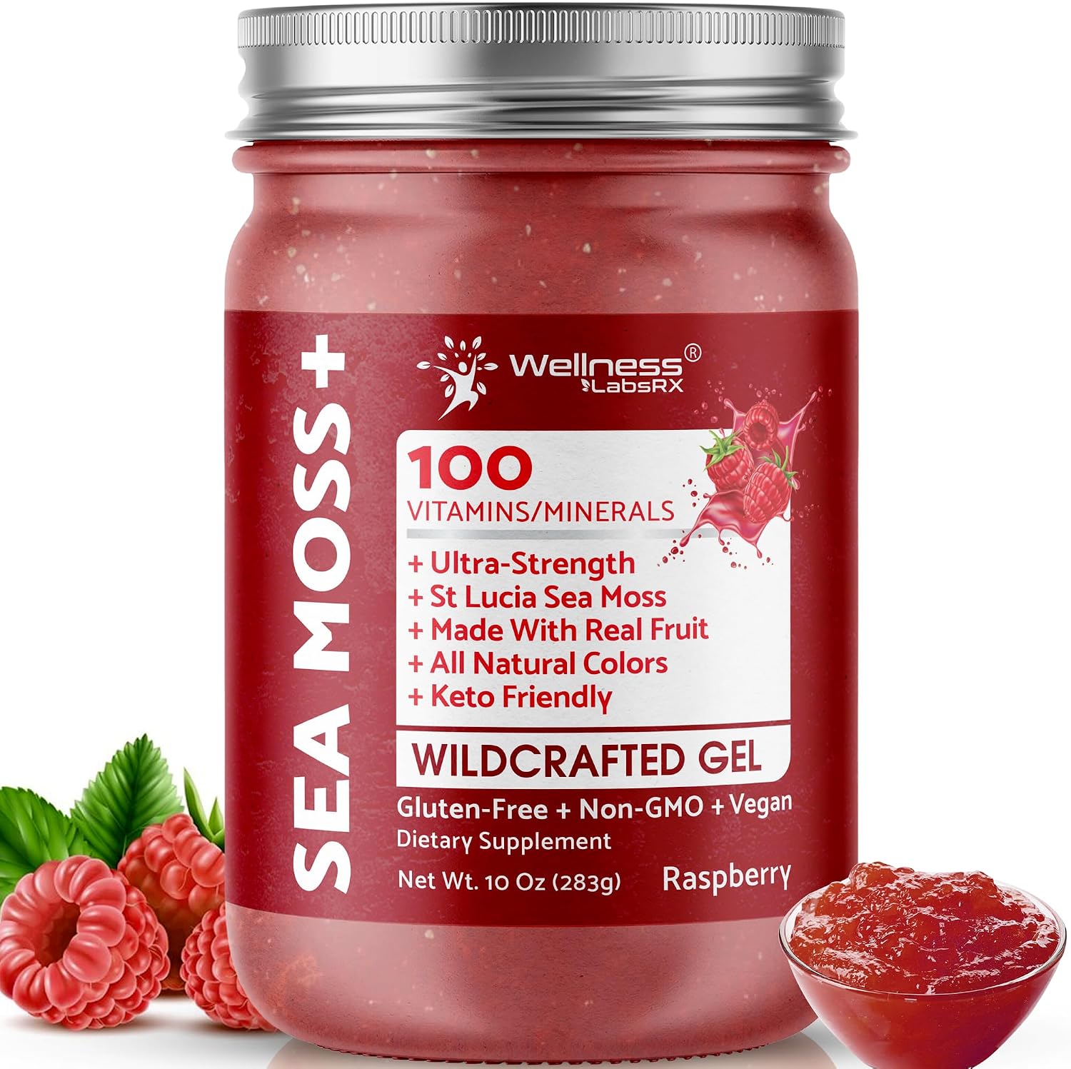 WELLNESS LABSRX Gel de Musgo Marino Irlandés - Superalimento Silvestre - Sabor Frambuesa - 283 g