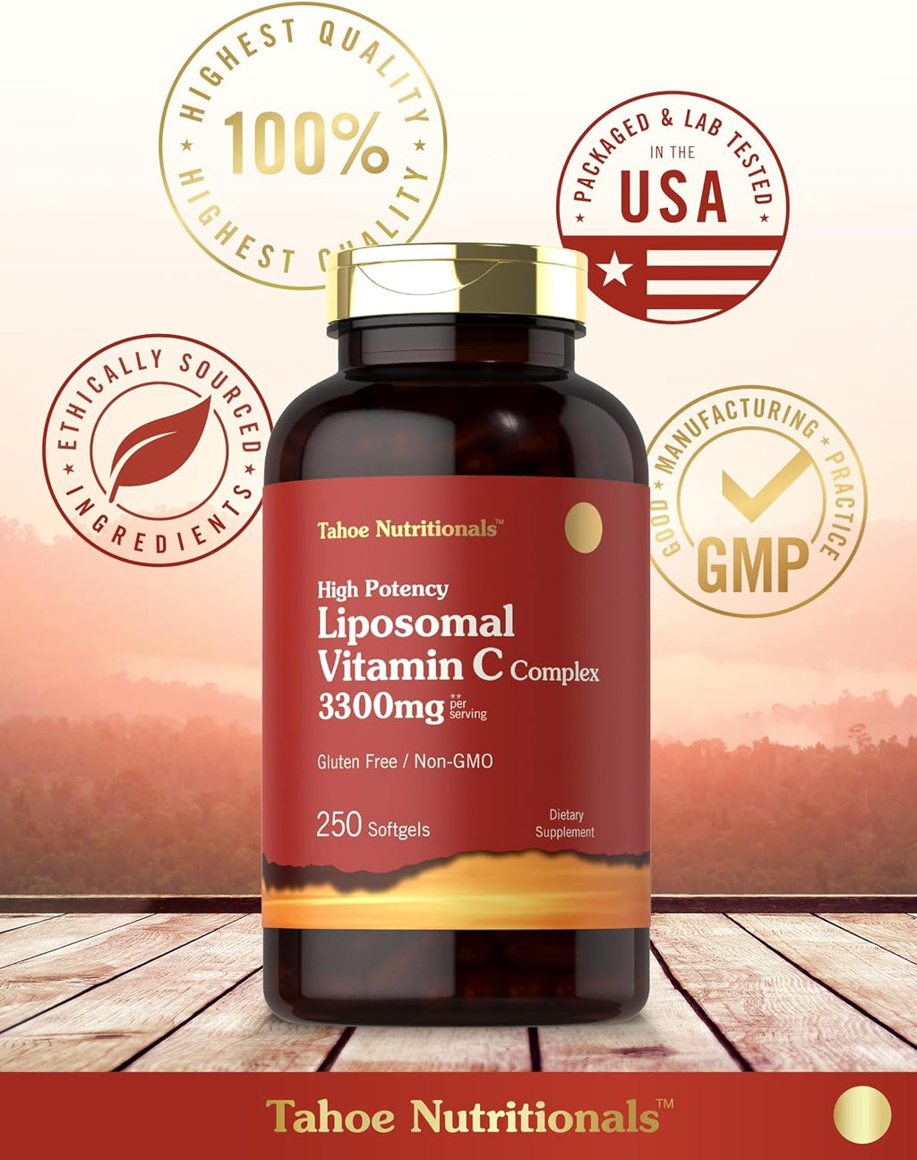 Tahoe Nutritionals Complejo de Vitamina C Liposomal | 3300mg | 250 Cápsulas Blandas | Alta Potencia