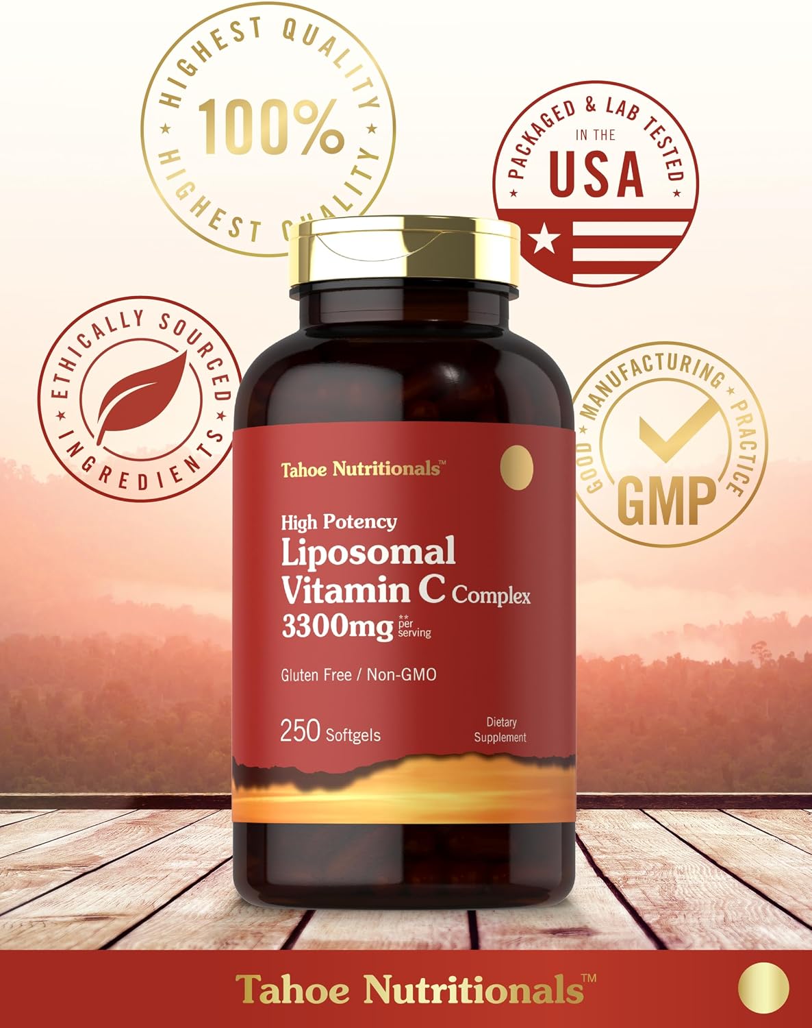 Tahoe Nutritionals Complejo de Vitamina C Liposomal | 3300mg | 250 Cápsulas Blandas | Alta Potencia