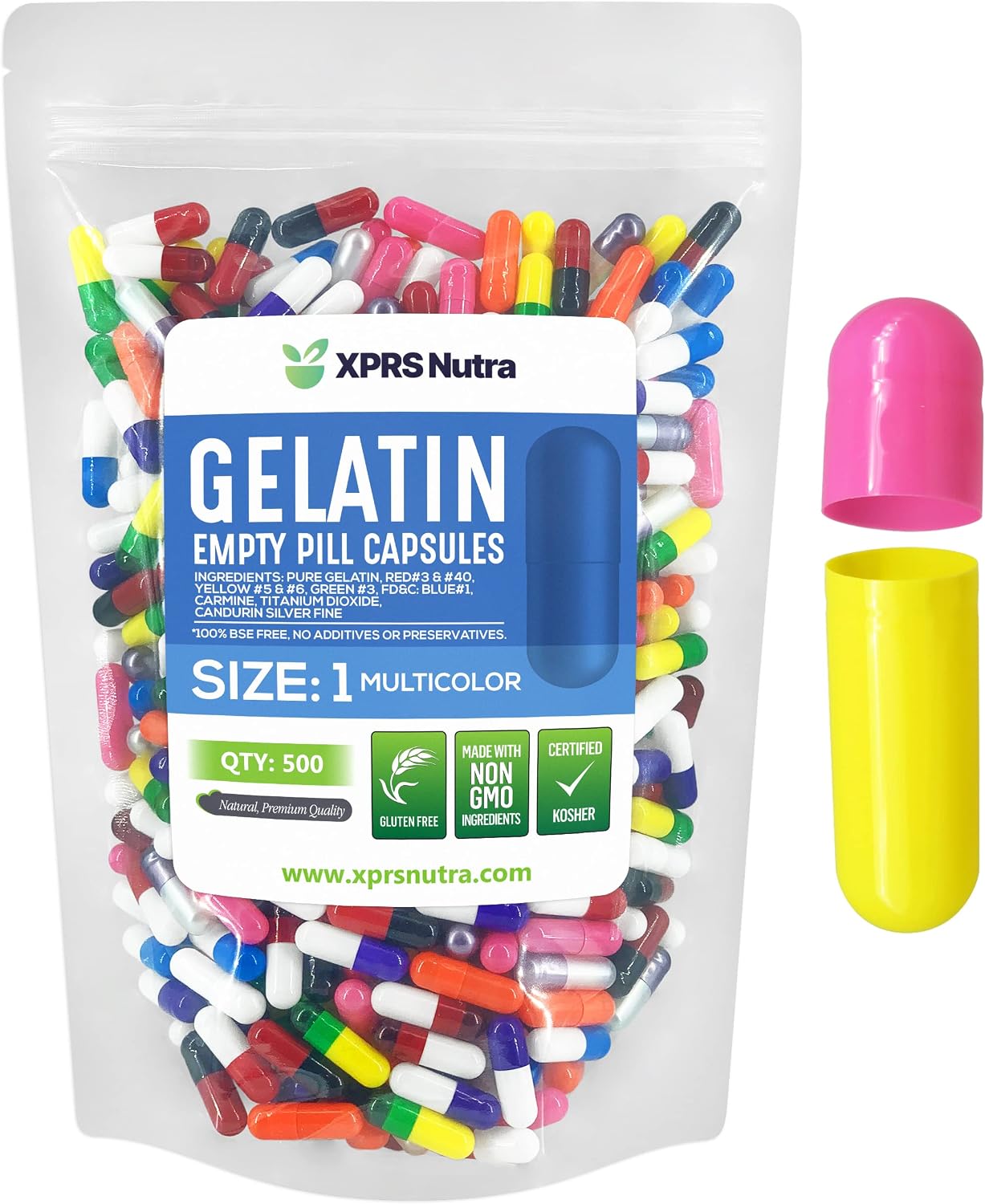 XPRS Nutra Cápsulas Vacías Tamaño 1 - 500 Unidades - Cápsulas de Gelatina Bovina para Suplementos DIY (Multicolor)