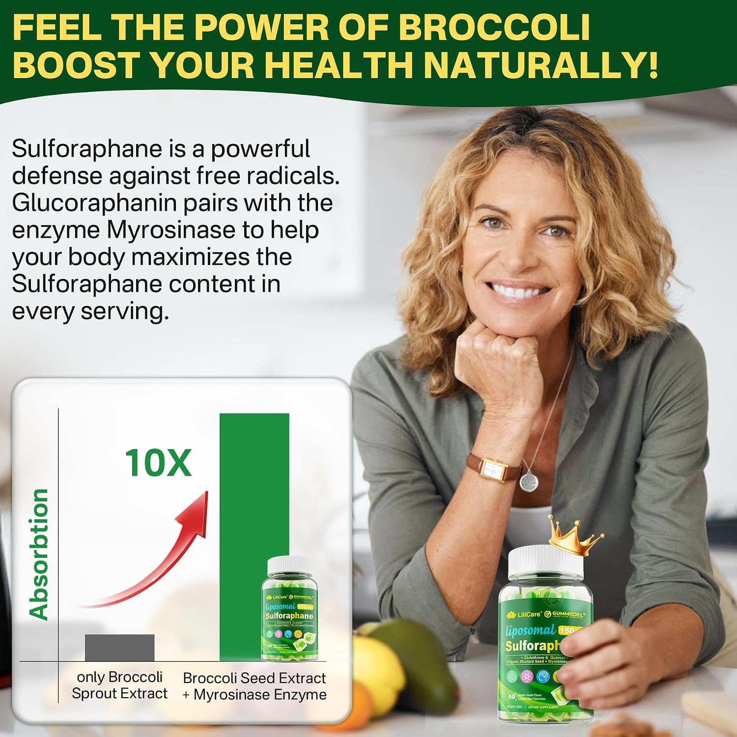 Suplemento de Sulforafano Liposomal 150mg - Gominolas con Extracto de Brócoli, Quercetina y Glutatión - 120 unidades