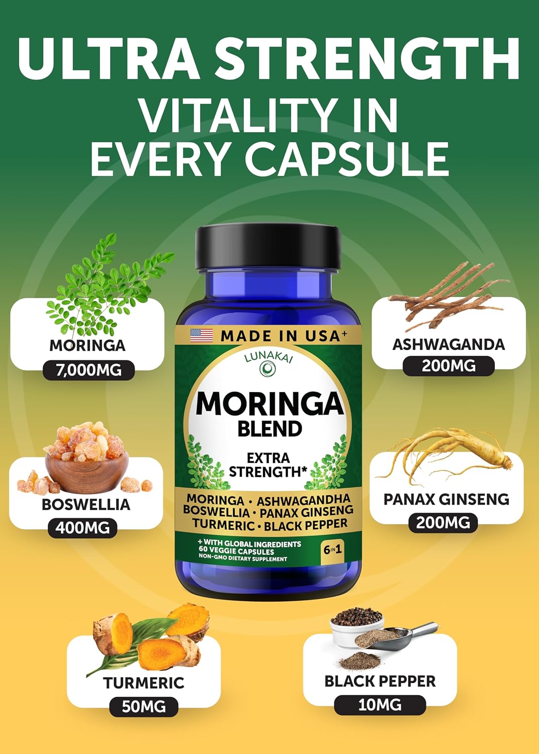 Lunakai Cápsulas de Moringa Pura – Extracto de Hoja de Moringa con Ashwagandha, Boswellia, Ginseng y Cúrcuma, 60 cápsulas
