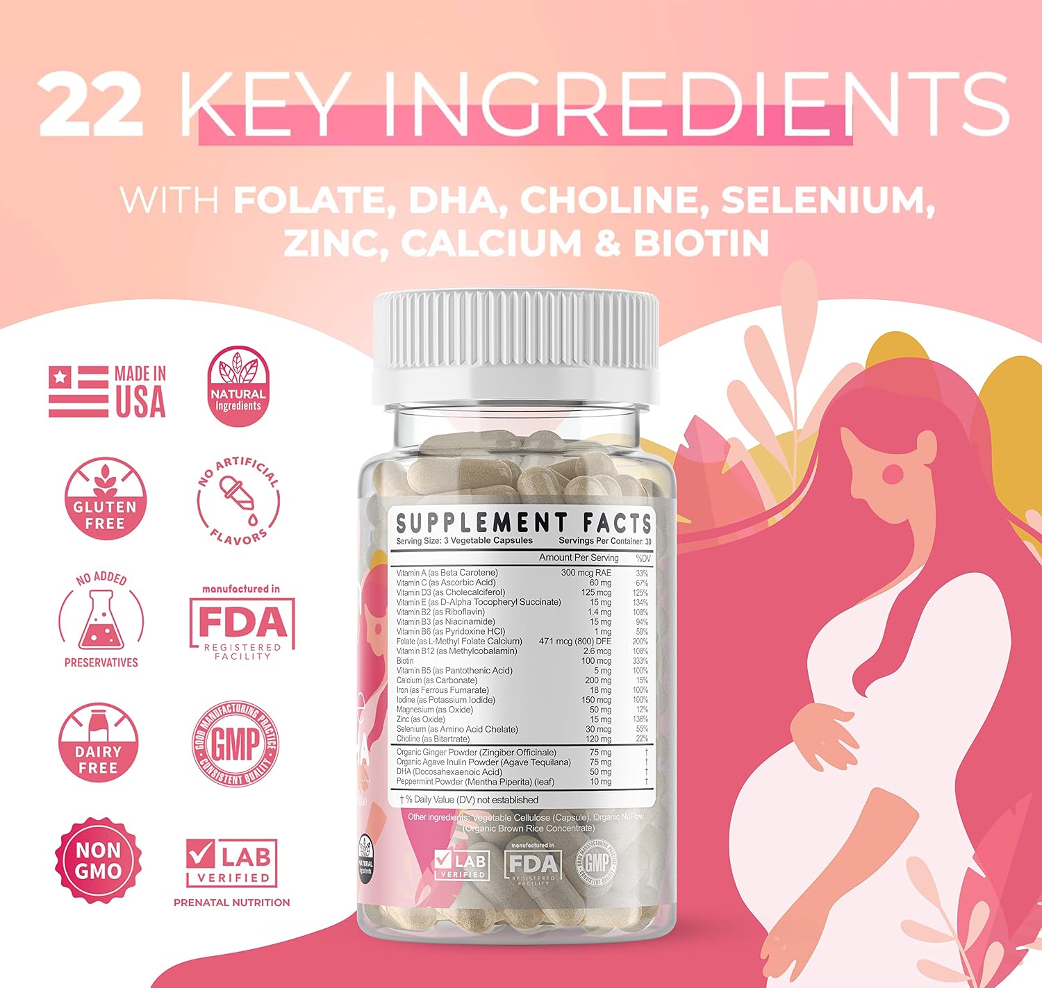 Feed Mom & Me Vitamina Prenatal + DHA, 22 Vitaminas y Minerales para el Apoyo Nutricional de la Madre y el Bebé - 30 Días