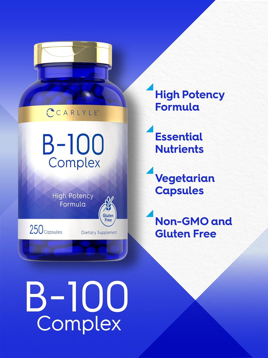 Carlyle Complejo B-100, 250 Cápsulas - Vitaminas B1, B2, B3, B6, B12, Biotina, Ácido Fólico e Inositol