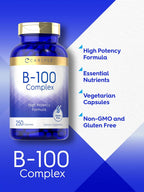Carlyle Complejo B-100, 250 Cápsulas - Vitaminas B1, B2, B3, B6, B12, Biotina, Ácido Fólico e Inositol