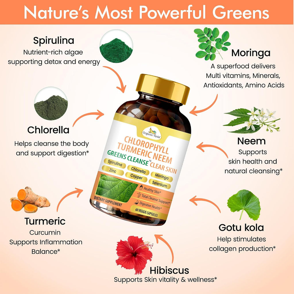 Organic Veda Chlorophyll Turmeric Neem - Suplemento para Piel Limpia con Zinc y Cobre, 60 Cápsulas