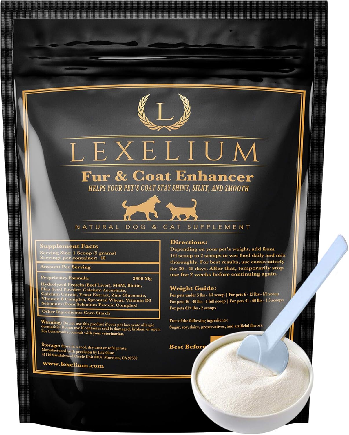 Lexelium Suplemento para la Piel y el Pelo de Perros y Gatos - Fórmula en Polvo Natural 200g