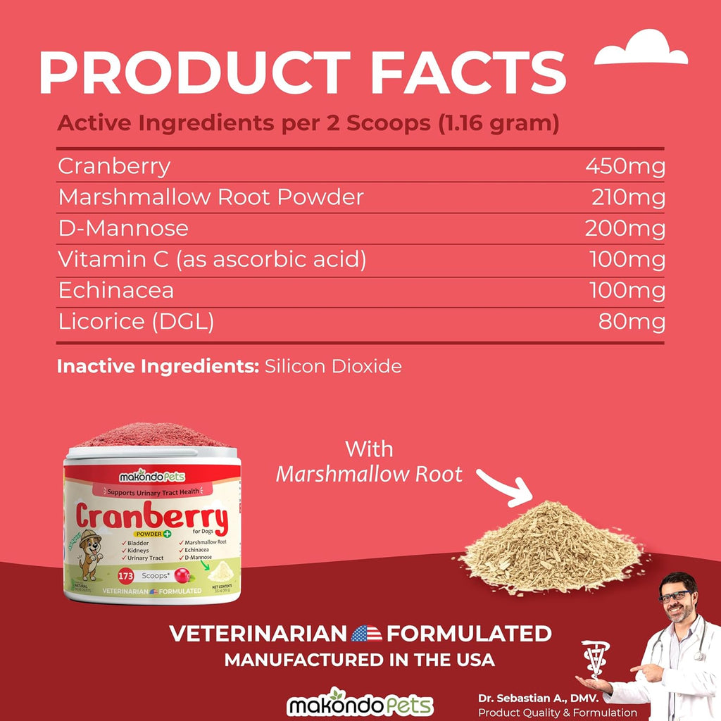 Complemento de Arándano para Perros con D-Manosa, Raíz de Malvavisco y Vitamina C – Apoyo Urinario y pH Normal – 173 Dosis
