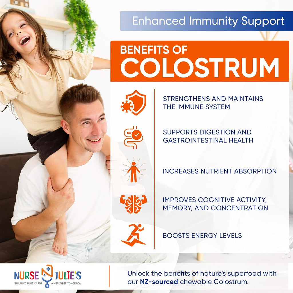 Colostro Masticable para Niños de Nurse Julie's - 120 Comprimidos - Apoyo Inmunitario y Digestivo
