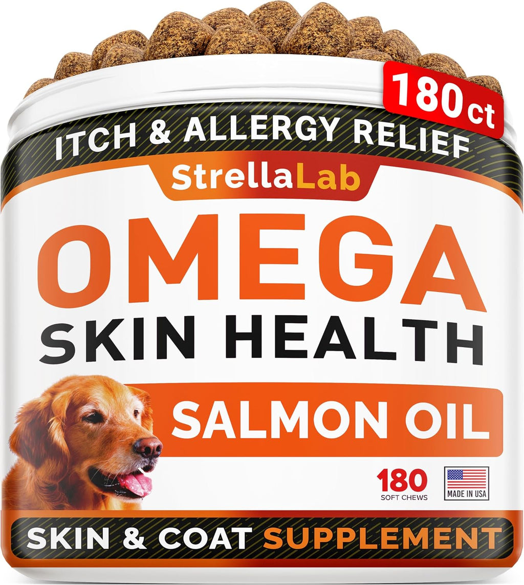 StrellaLab Omega 3 para Perros - 180 Golosinas de Aceite de Pescado - Suplemento para la Piel y el Pelaje - Sabor a Salmón Ahumado