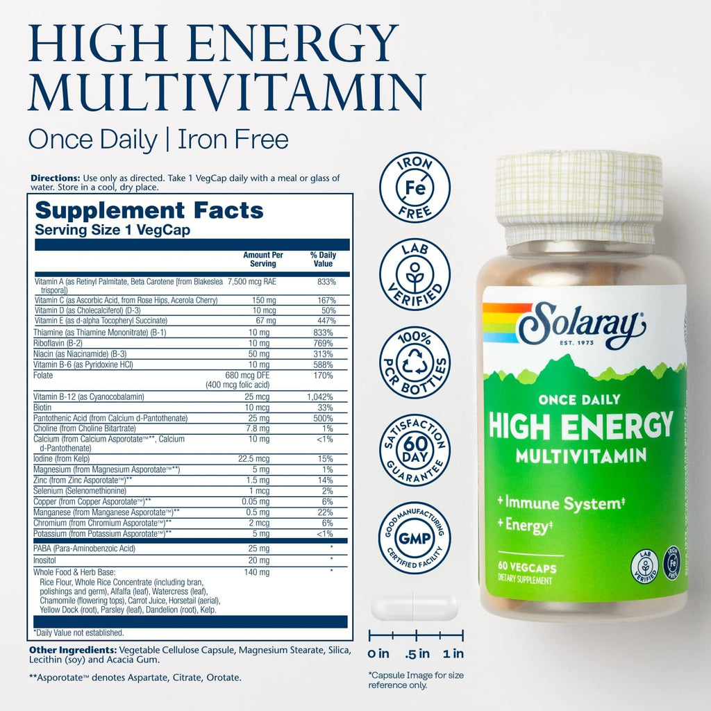 SOLARAY Once Daily High Energy Multivitamin, Sin Hierro, 60 Cápsulas Veganas