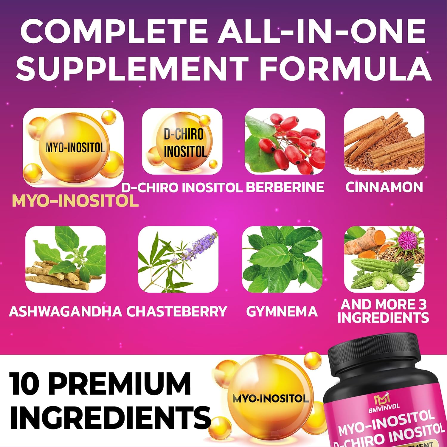 BMVINVOL Inositol Supplement - Myo-Inositol and D-Chiro Inositol Ideal 40:1 Ratio - Plus Berberine, Cinnamon, Ashwagandha + 5 More - 30 Capsules