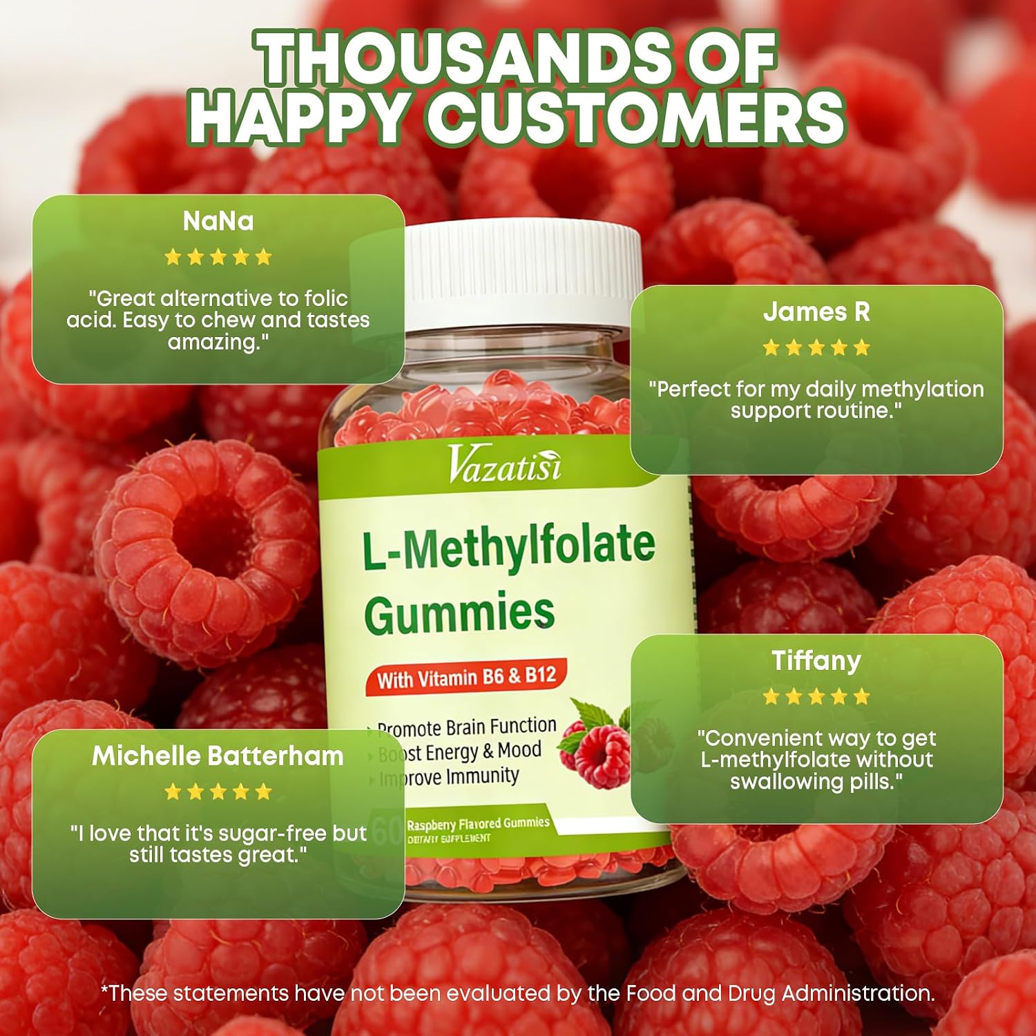 L-Metilfolato 15 mg Gominolas con Metil B12, Complemento de Folato para el Estado de Ánimo, Salud Cerebral y Apoyo Inmunológico, Sabor a Frambuesa, 60 Unidades