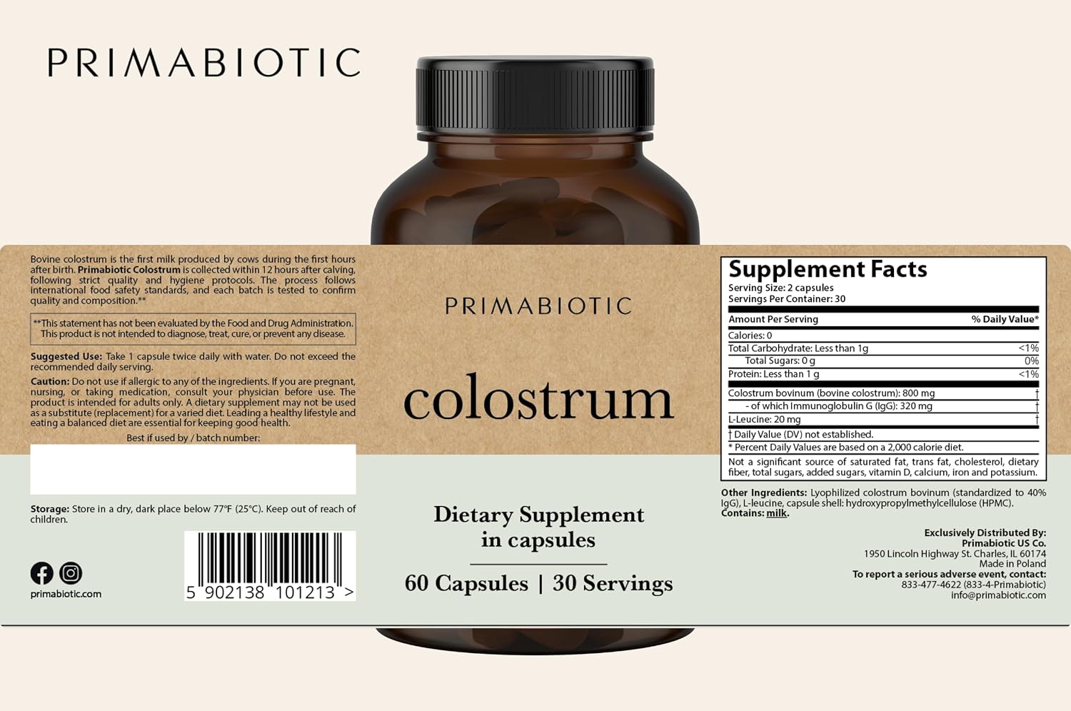 PRIMABIOTIC Colostrum – Suplemento de Calostro Bovino de Alta Concentración - Cápsulas Puras y Concentradas - Apoyo Inmunitario e Intestinal