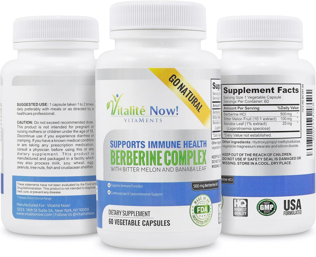 Berberina de Alta Potencia 500 mg + Melón Amargo y Banaba - Apoyo al Sistema Inmunitario - Salud Cardiovascular y Gastrointestinal - 60 Cápsulas Vegetarianas